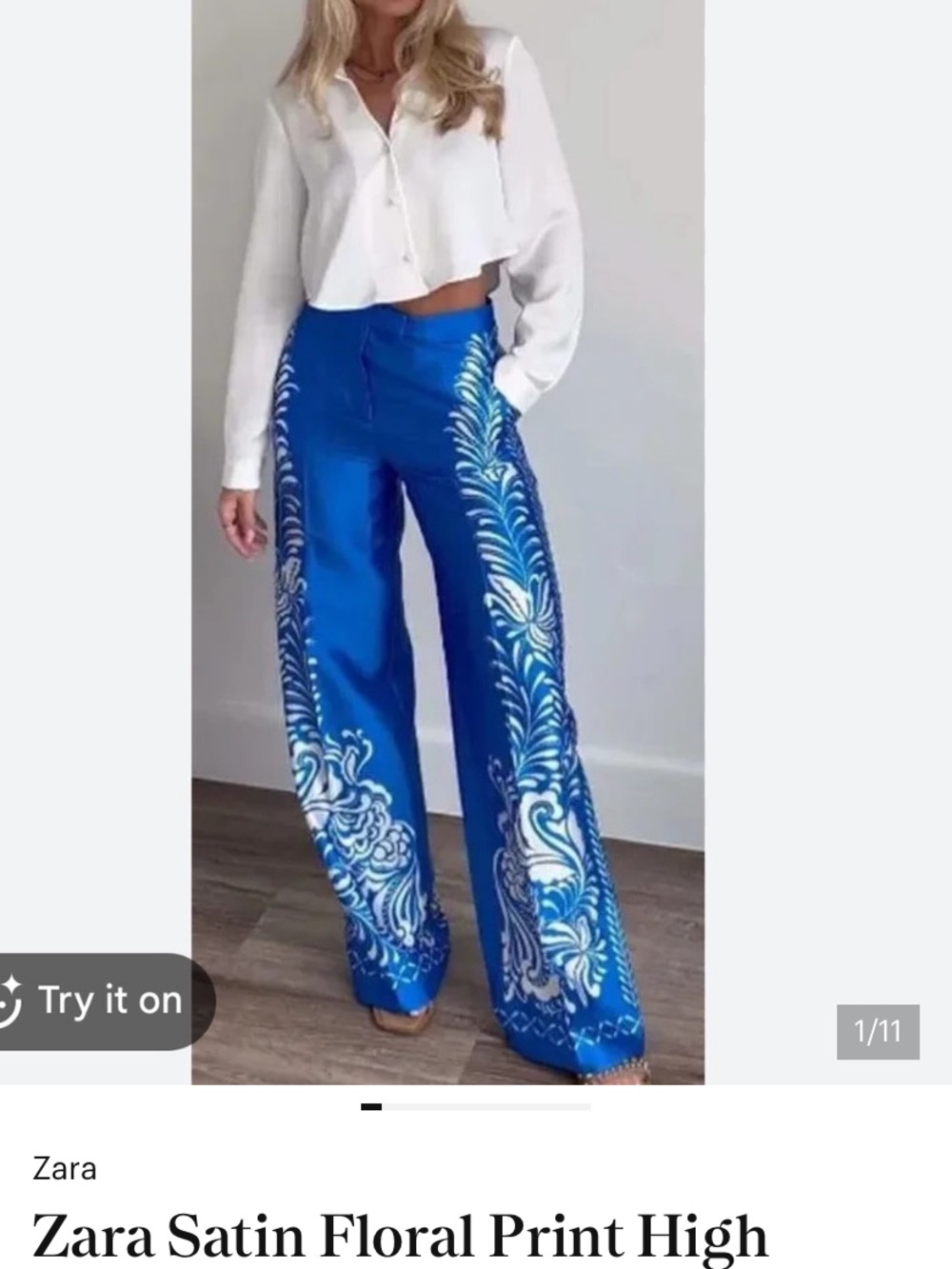 Zara Royal Blue Satin Wide-Leg Pants with White Floral Scrolls